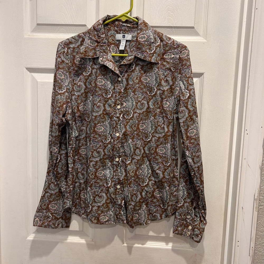 Gap Women's Brown‎ Paisley Print Button Down Long Sleeve Shirt Medium Roll Tab